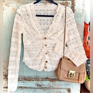 Romantic Cream Lace Button-Front Top Boho Feminine Chic Layering Blouse Medium